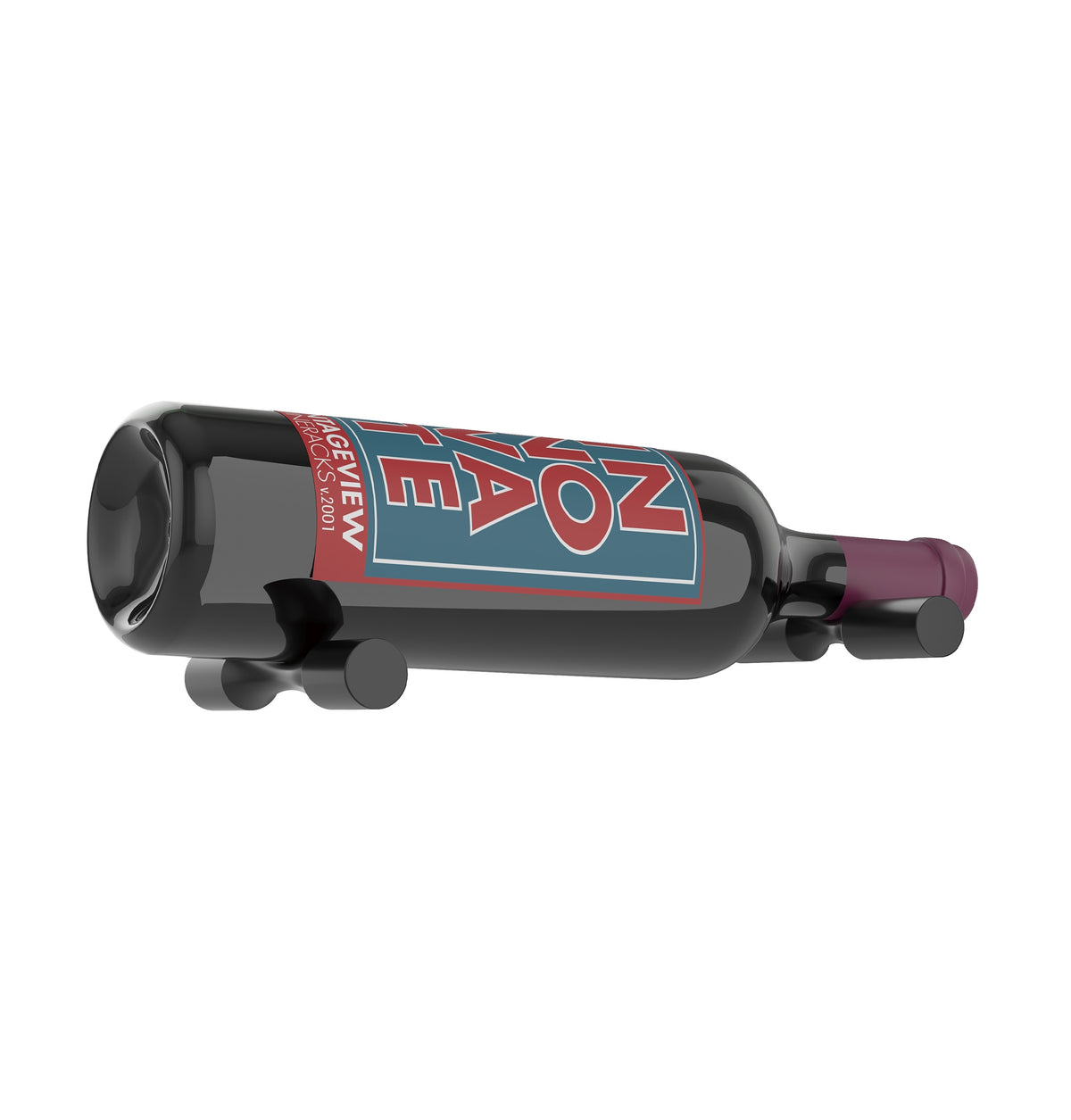 Wine bottle holder pins on a black wine bottle with logo label