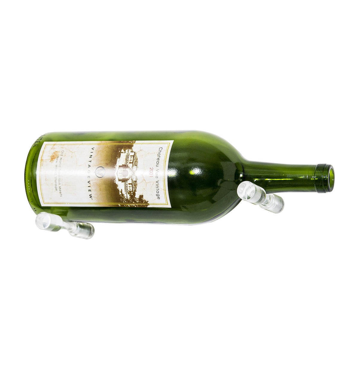 Clear acrylic magnum bottle wall pin holding green wine bottle, side label visible