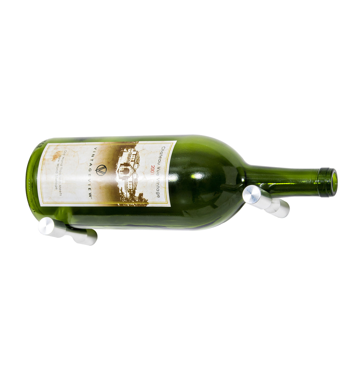 Green magnum wine bottle with metal wall pins, angled toward the camera