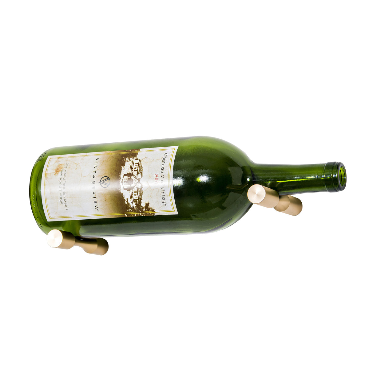 Green magnum wine bottle with metal wall pins at the base and near the neck