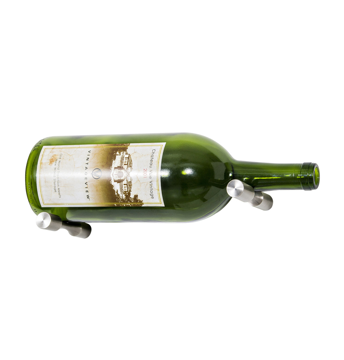 Green magnum wine bottle wall pin display with metal mounts near the neck