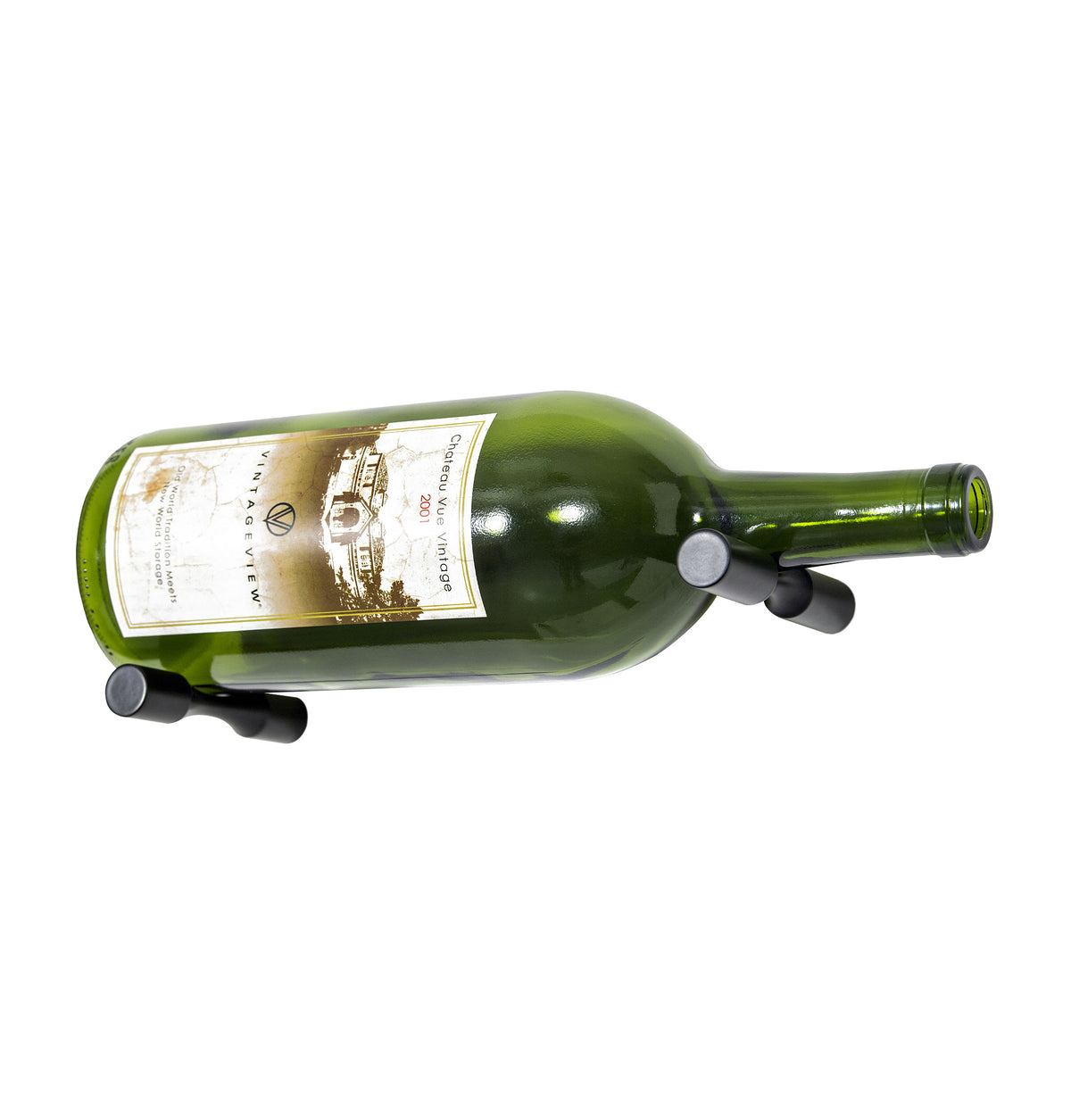 Green magnum wine bottle with metal wall pins; side view of mounted bottle