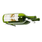 Two green magnum wine bottles with silver Vino pins and dark curved base brackets