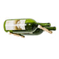 Two green magnum wine bottles with silver Vino pins and light tan collar mounts