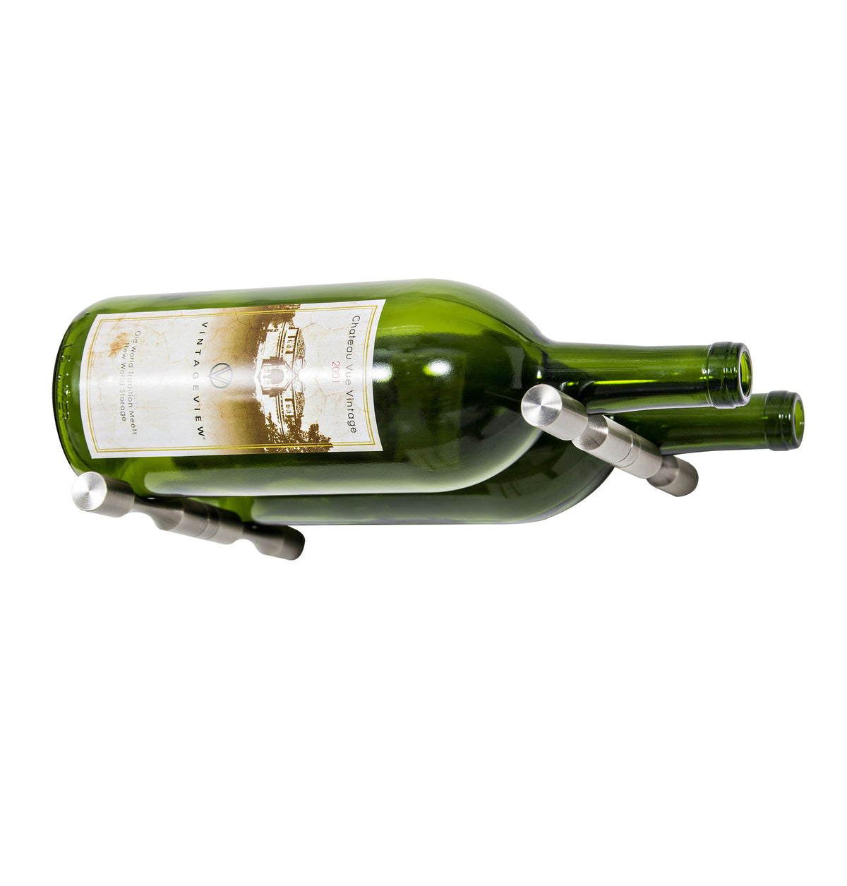 Two green magnum wine bottles with silver Vino pins and curved holder brackets