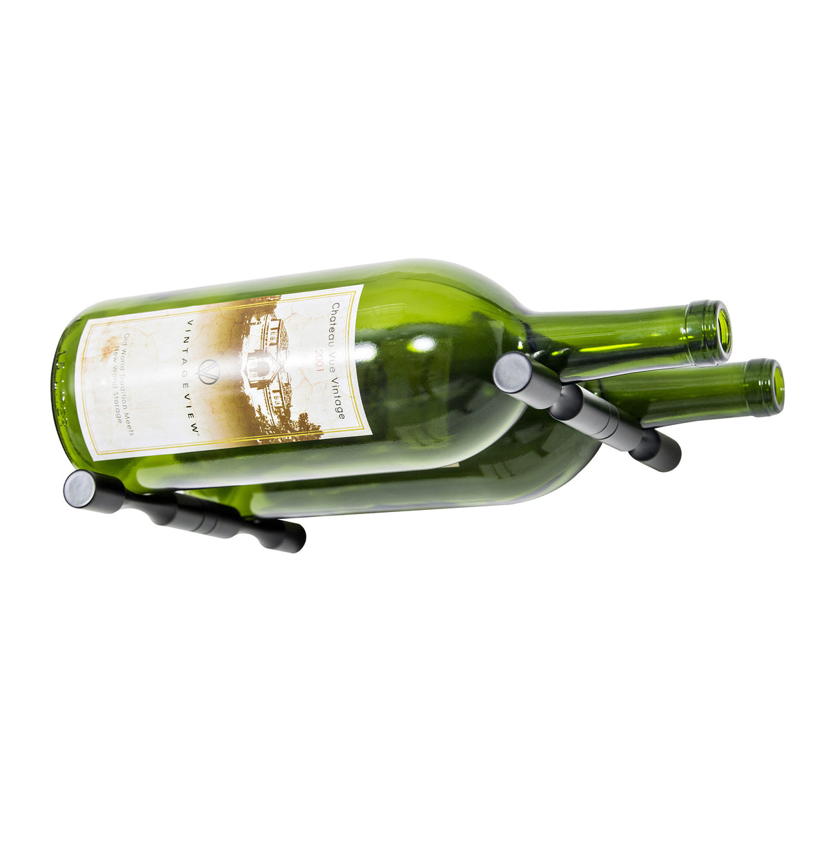 Two green magnum wine bottles with dark Vino pins and curved mounting holders