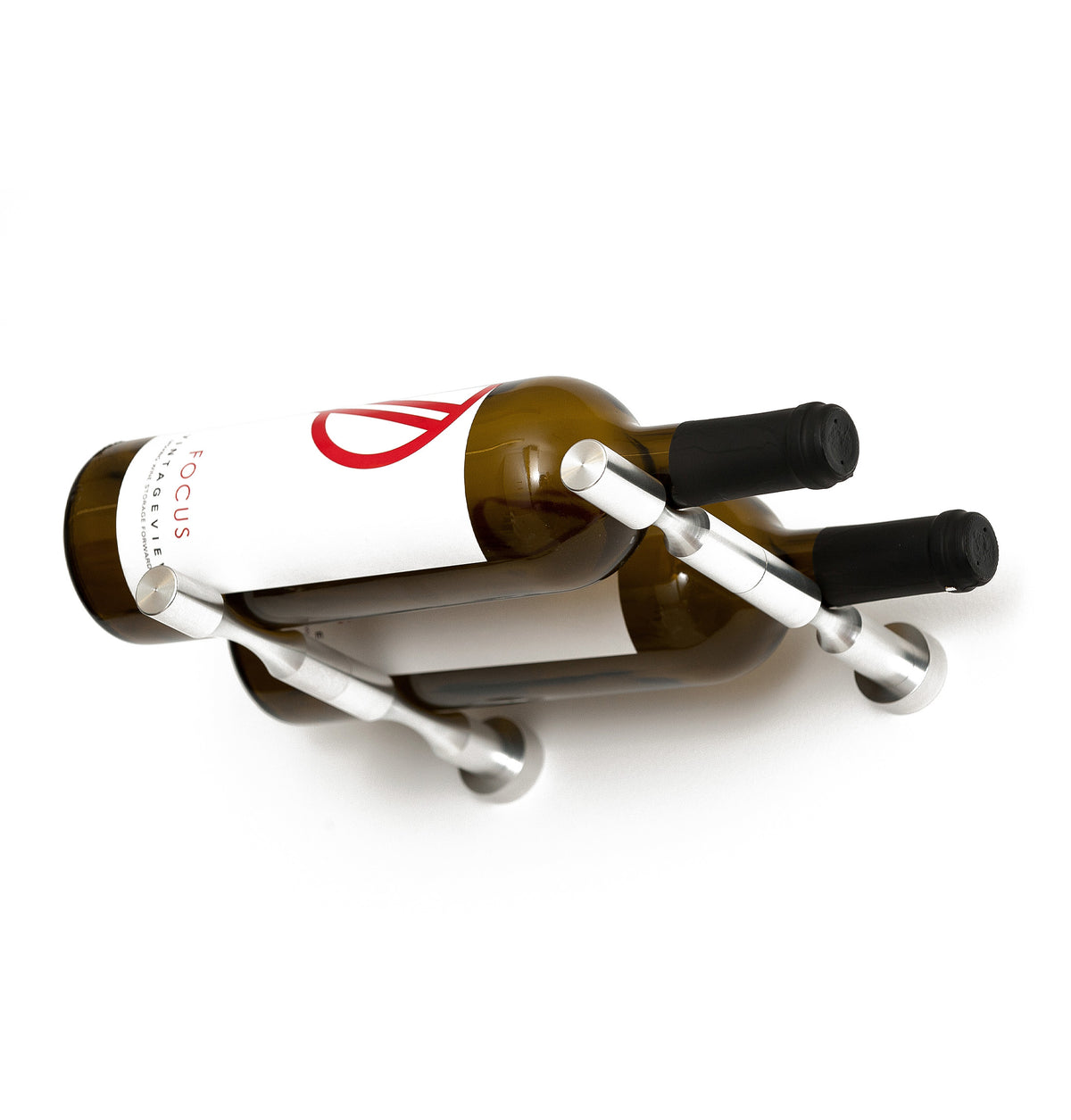Two-bottle wine pin holder set with silver metal arms and bottle-cup mounts