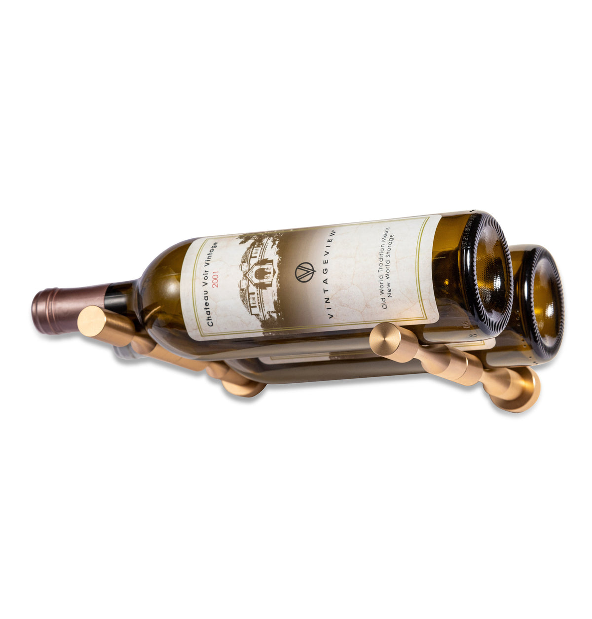 Two-bottle wine pin holder set with bronze-gold metal arms and bottle-cup mounts