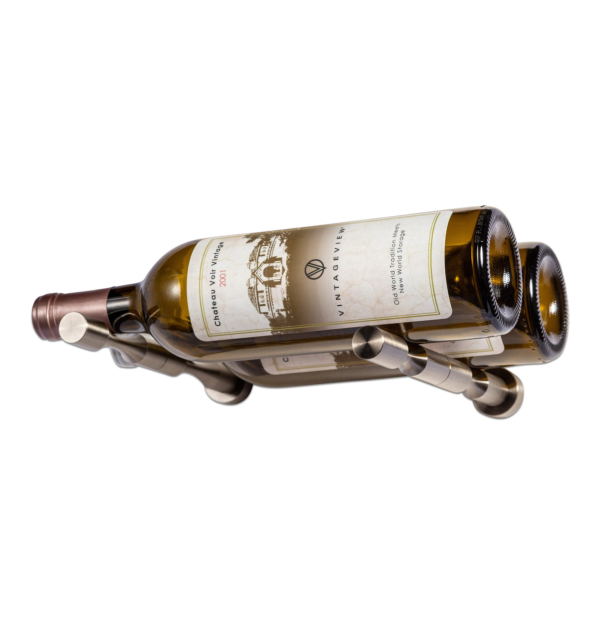 Metal bottle pin set holding two bottles, with round wall plates and curved supports