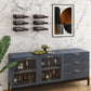 Wall-mounted wine bottle pin display with two metal holders on a cabinet