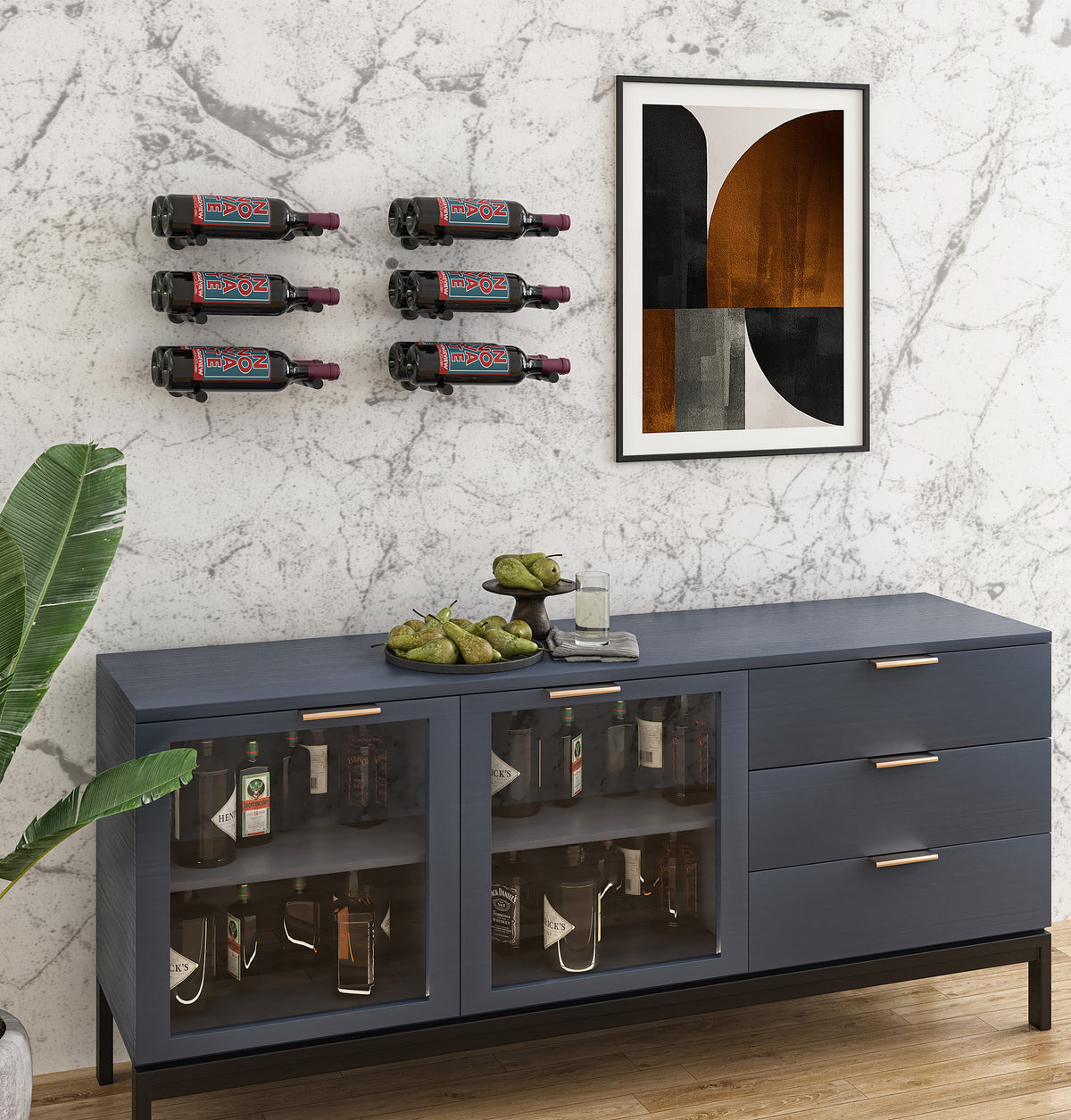 Wall-mounted wine bottle pin display with two metal holders on a cabinet