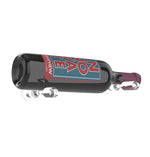 Black wine bottle pin with colorful label and chrome metal mounting base