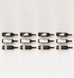 Wine bottle rack pins holding 12 bottles on black holders, front view