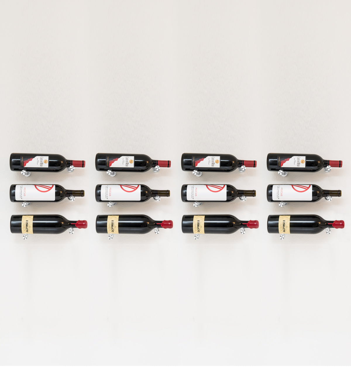 Wine bottle rack pins holding 12 bottles on black holders, front view