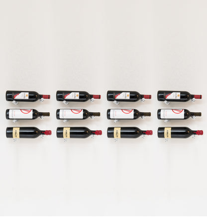 Wine bottle rack pins holding 12 bottles on black holders, front view