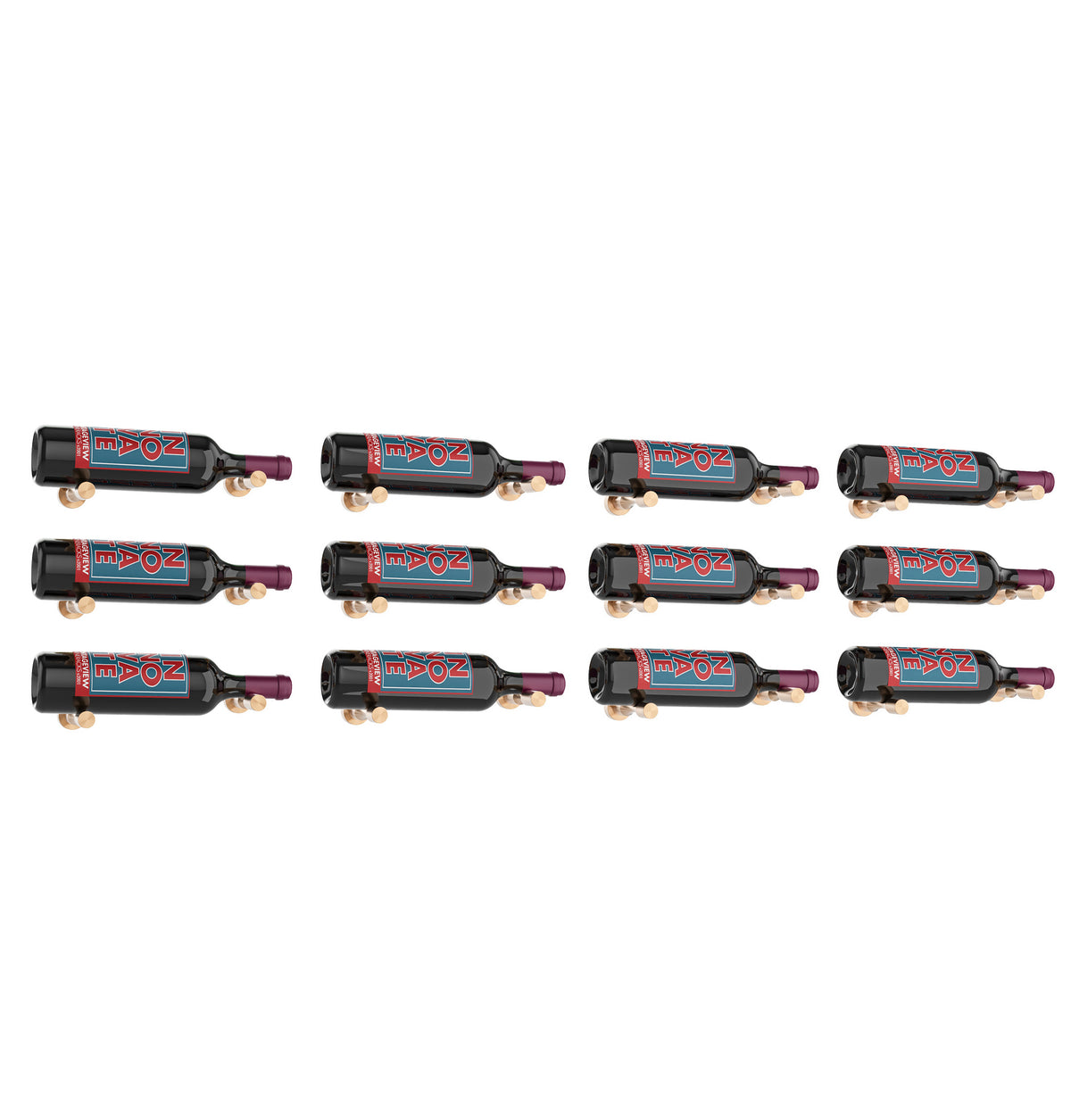 Wine bottle rack grid, 12 dark bottles arranged in rows on black pin mounts