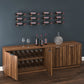 Wooden wine bar unit with open bottle storage and wall rack pins holding bottles