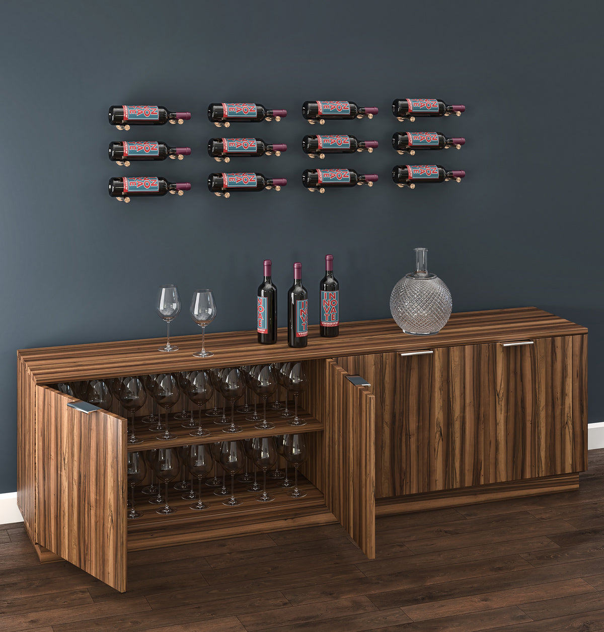 Wooden wine bar unit with open bottle storage and wall rack pins holding bottles