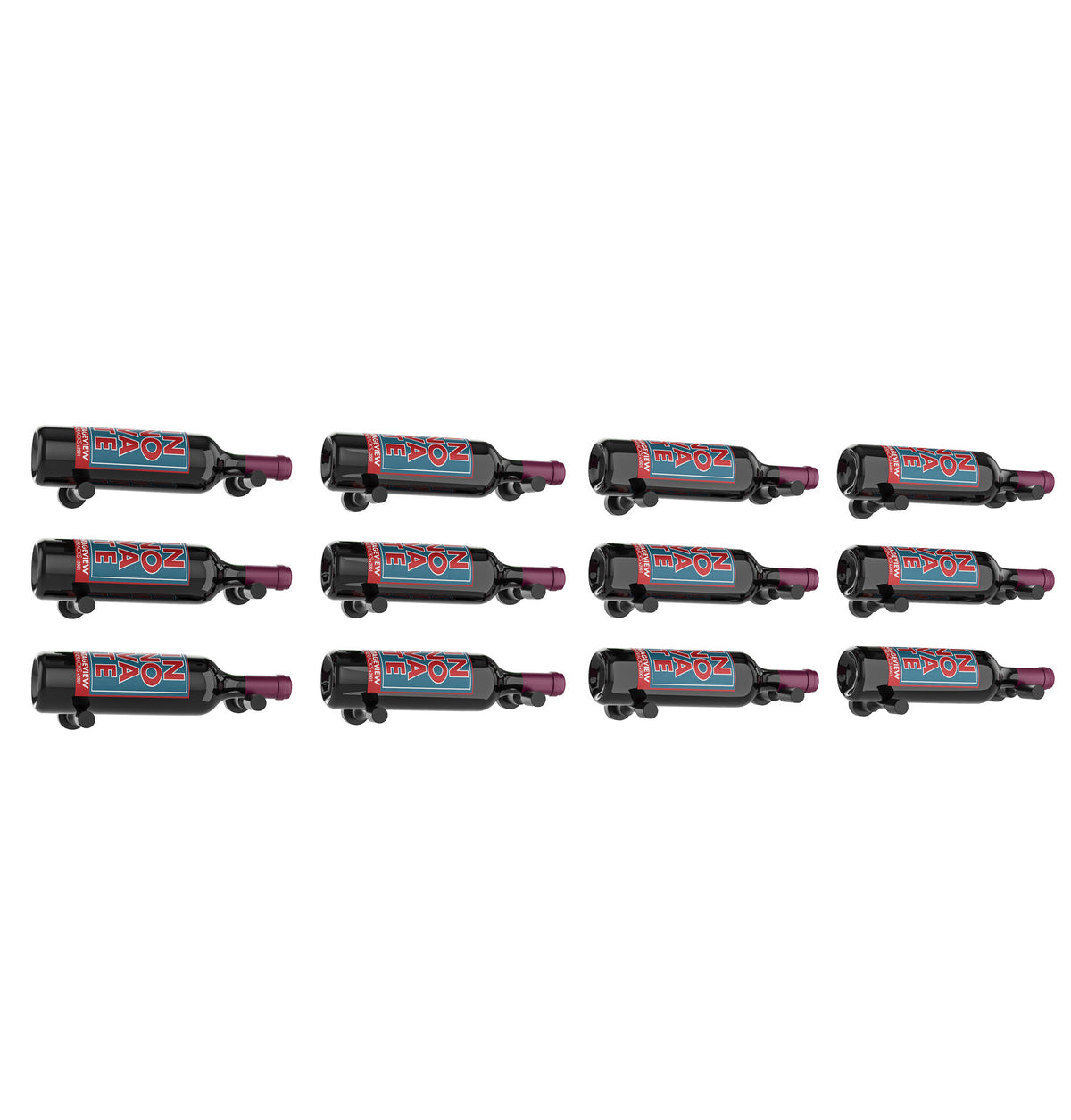 Wine bottle rack grid showing 12 dark wine bottles on a black pin grid