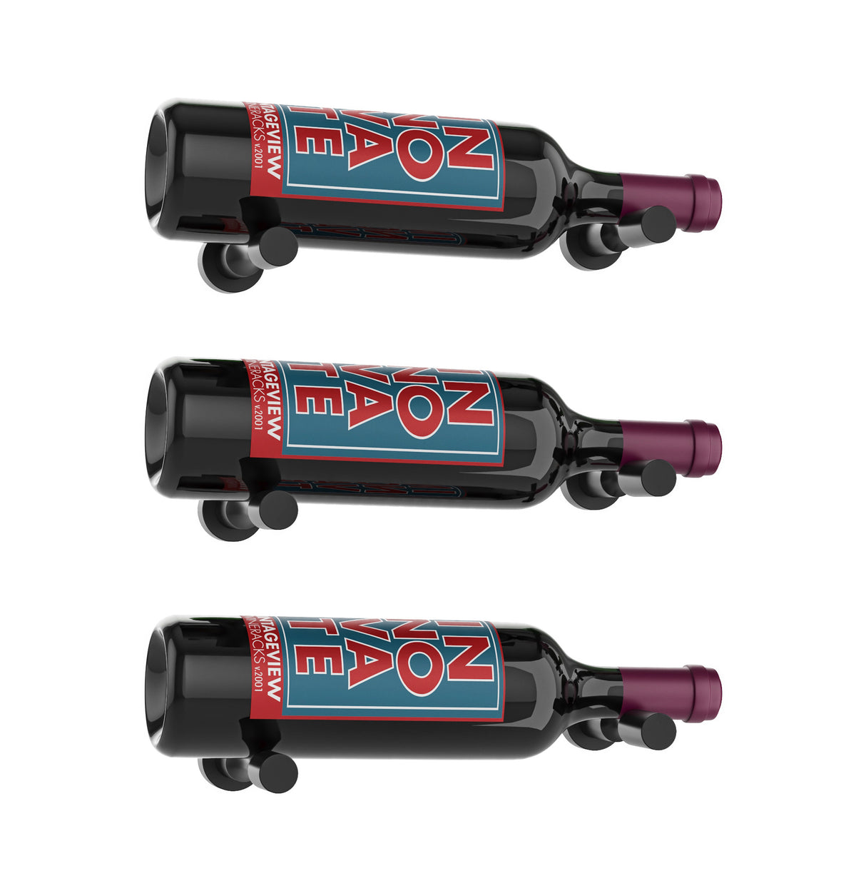 3-bottle wall wine rack with black holder and round support pins; maroon bottle necks