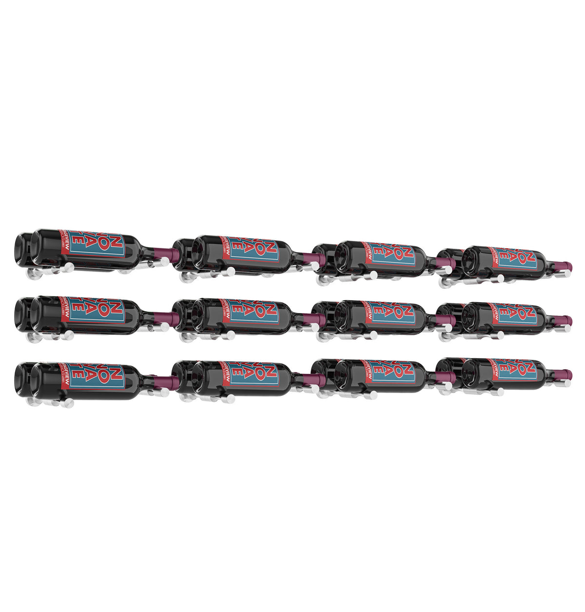 Wine bottle rack grid with 12 dark bottles and black metal pins, 4x3 layout