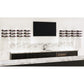 Wine bottle rack grid on wall holding 12 dark bottles above a marble counter