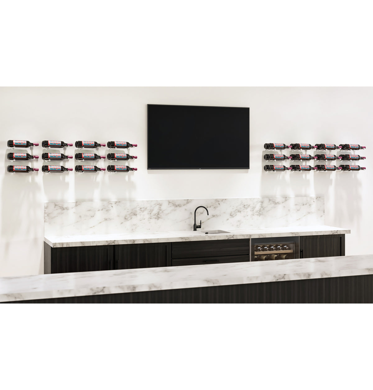Wine bottle rack grid on wall holding 12 dark bottles above a marble counter