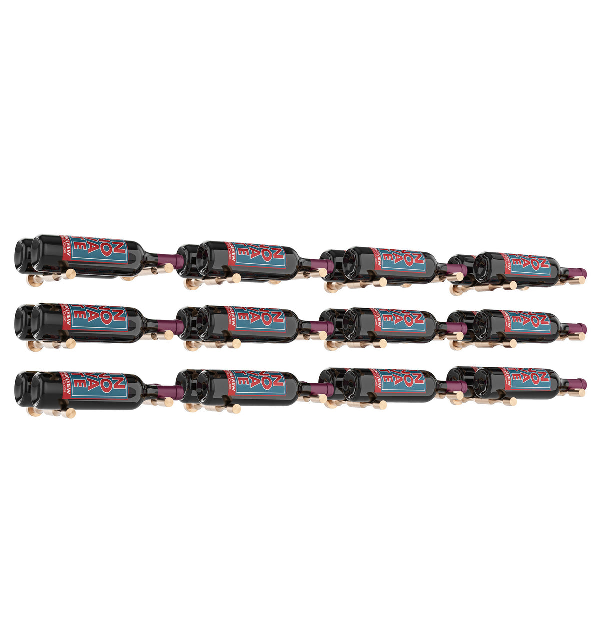 Wine bottle rack grid with 12 dark wine bottles secured in black pin holders