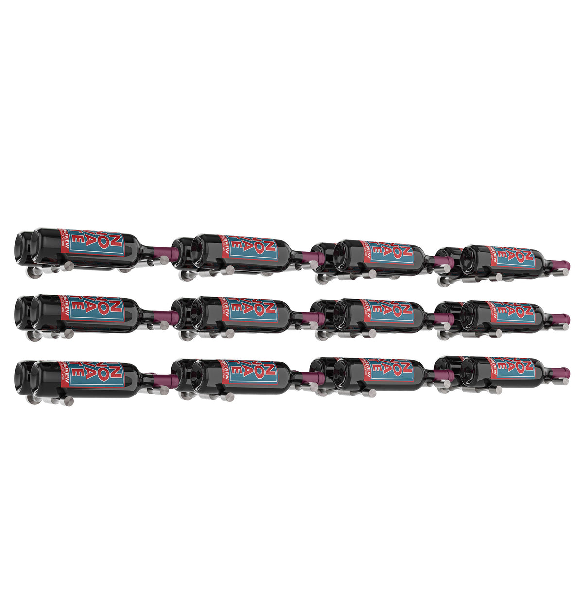 Wine bottle rack grid, 4x3 layout, showing 12 dark bottles in black pins