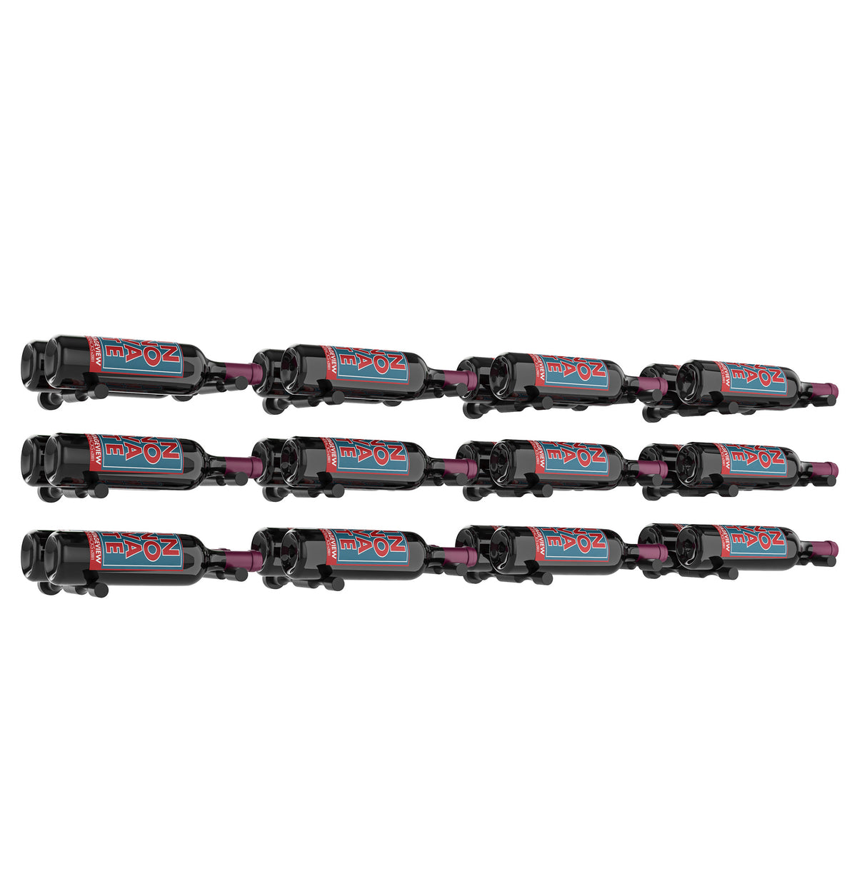 Wine bottle rack grid displaying 12 dark bottles with black metal supports
