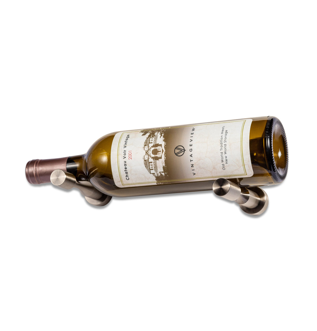 Wine bottle display pin with golden bronze finish holding an amber bottle close-up