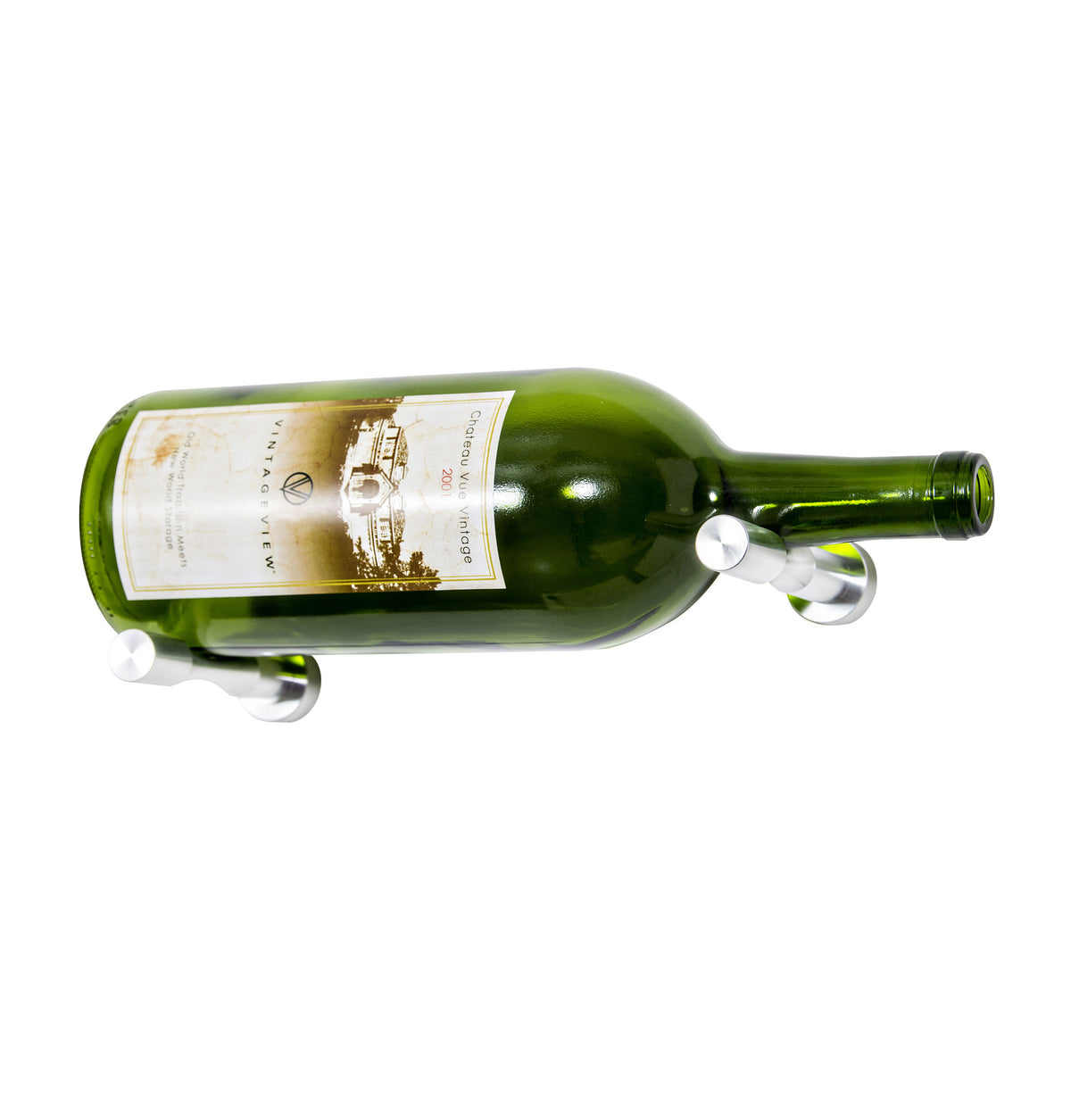 Green magnum wine bottle with metal wall pins at base and near the neck