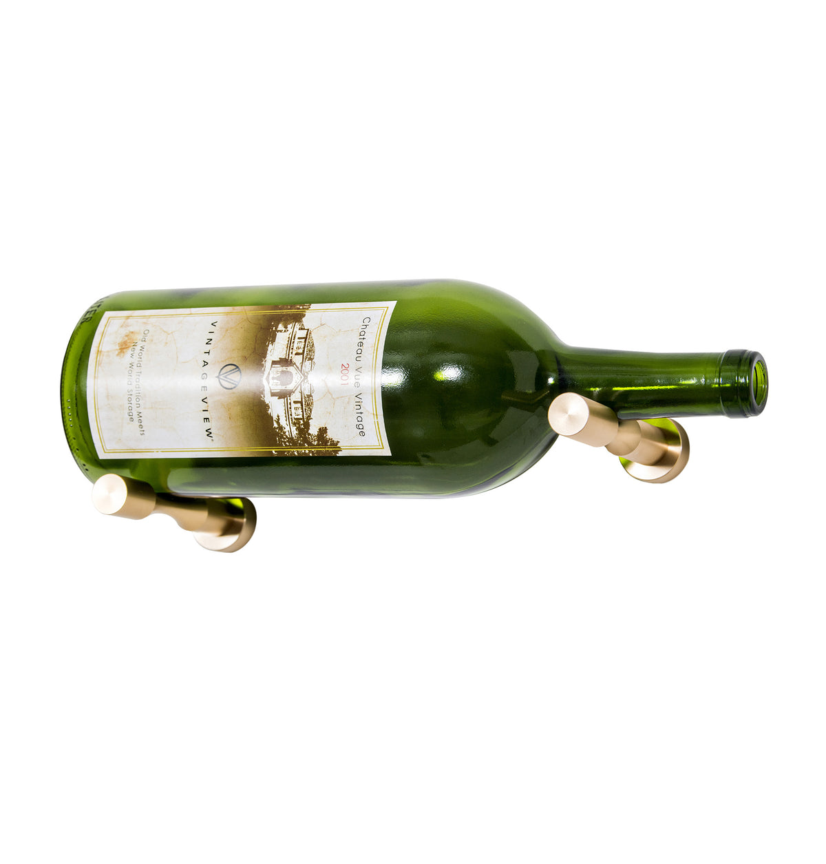 Green magnum wine bottle with metal wall pins; angled view with pins on both sides
