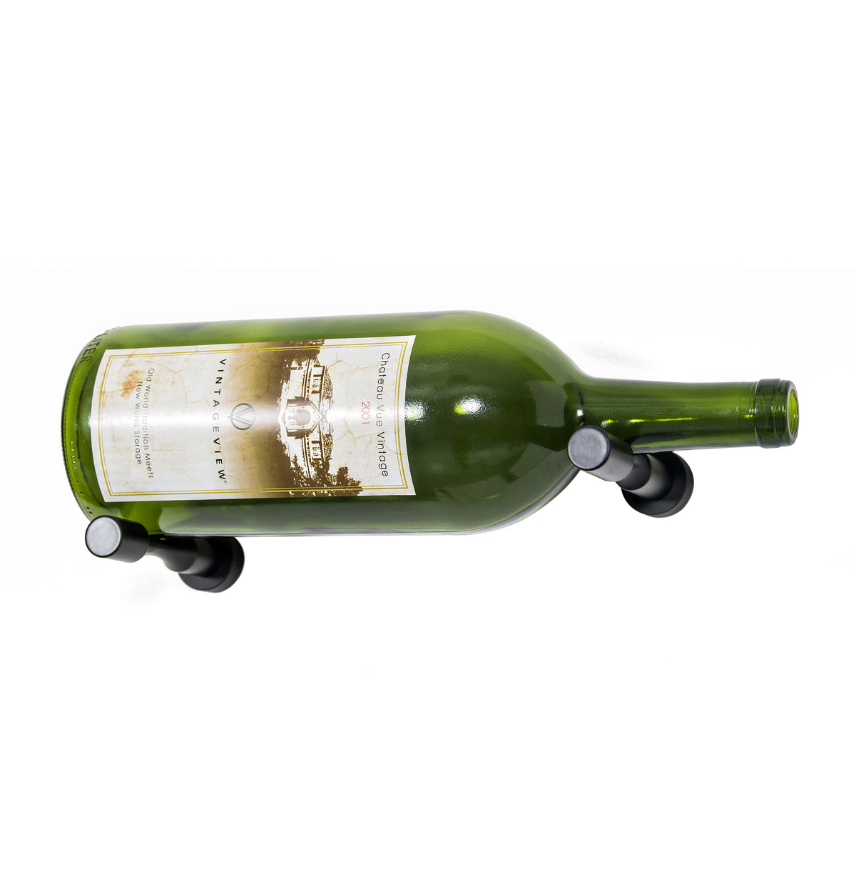 Green magnum wine bottle wall pin display with metal mounts under the sides