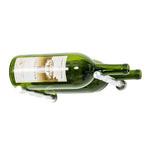 Two green magnum wine bottles with silver Vino pins and curved holder brackets