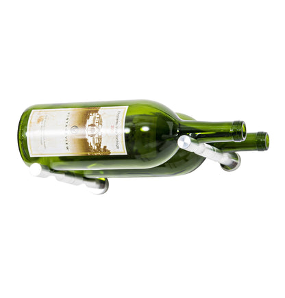 Two green magnum wine bottles with silver Vino pins and curved holder brackets