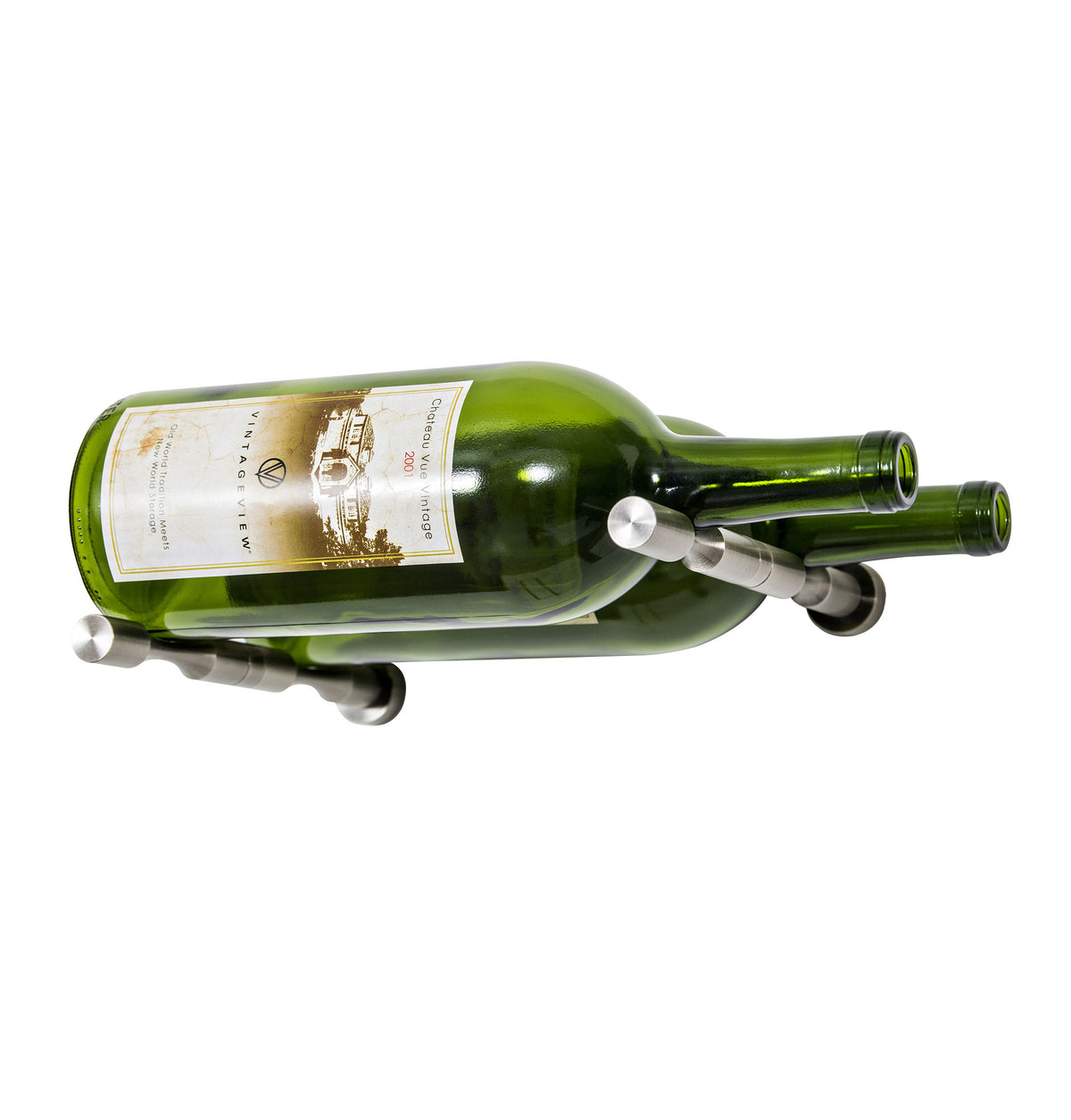 Two green magnum wine bottles with silver Vino pins and curved mounting holders