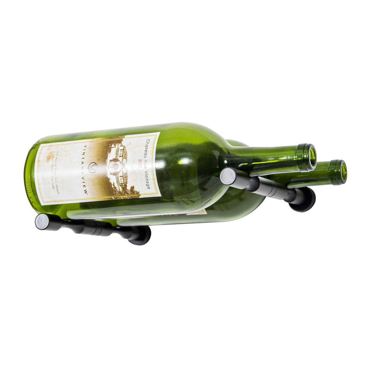Two green magnum wine bottles with black Vino pins and curved mounting holders