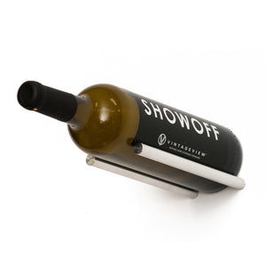 Wine bottle rail holder holding a dark bottle with “SHOW OFF” label on bar mount