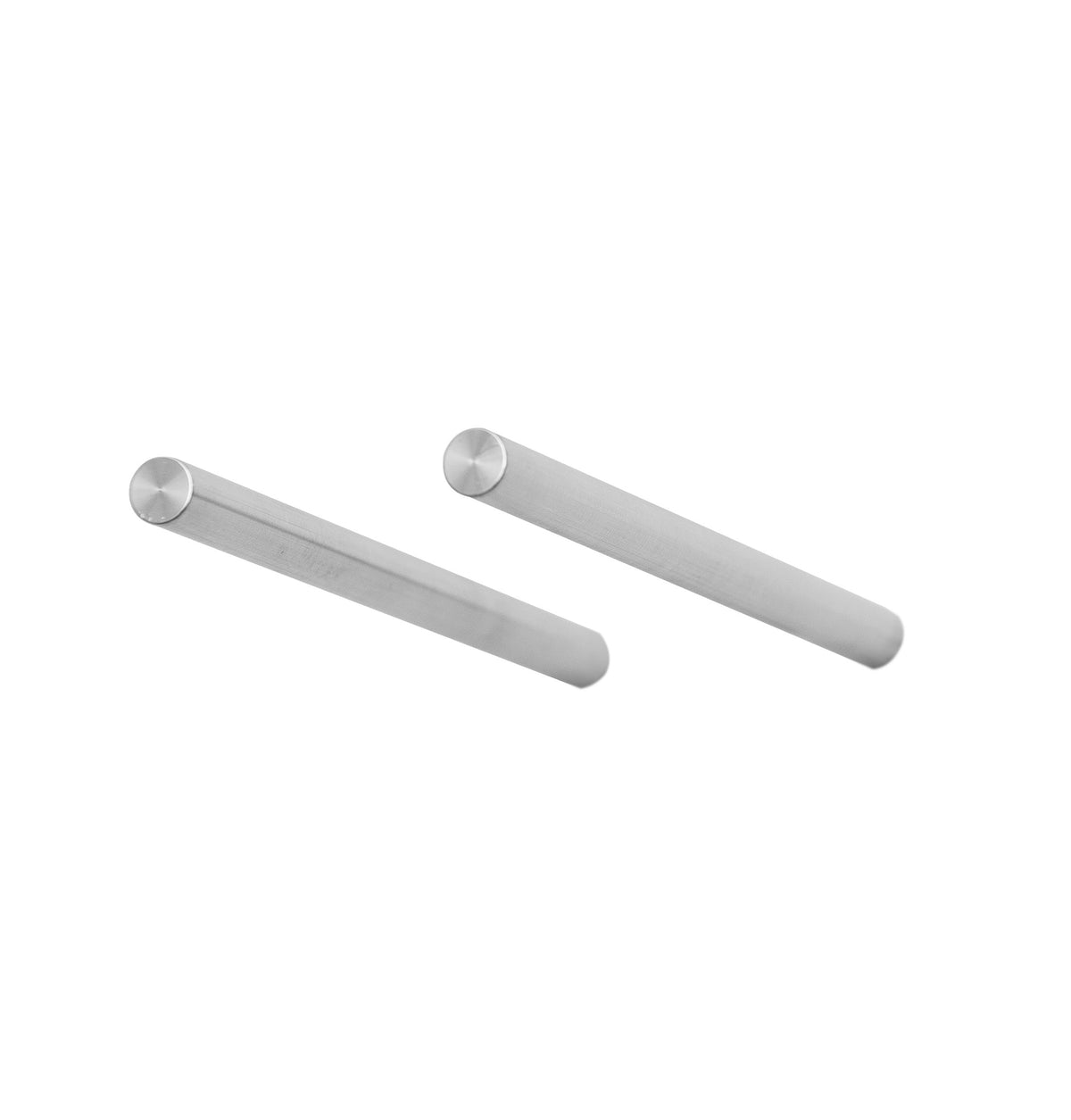 Set of wine bottle rails with cylindrical bars and round wall mounts, brushed silver
