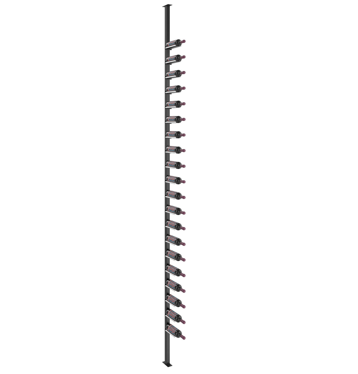Single-sided wine rail post kit with slim dark posts and multiple bottle holders