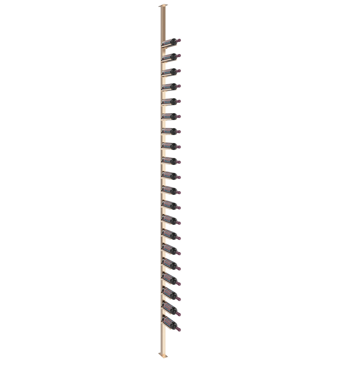 Single-sided wine rail post kit with golden bronze rail and vertical bottle holder row