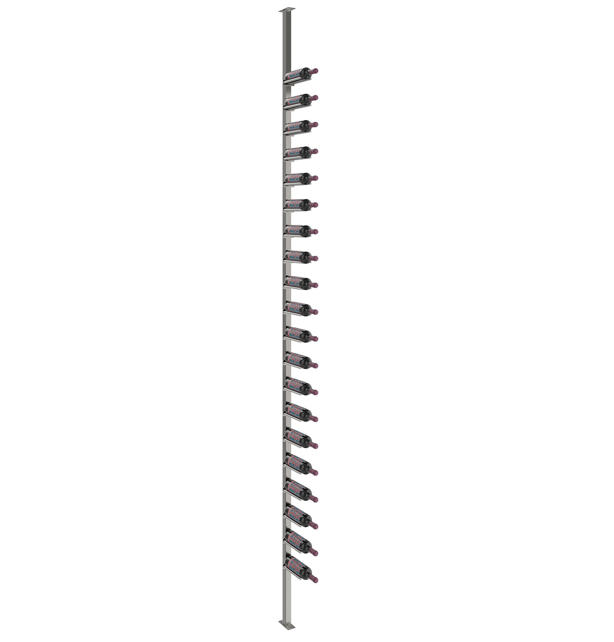 Single-sided wine rail post kit with dark rail and long vertical line of bottle holders