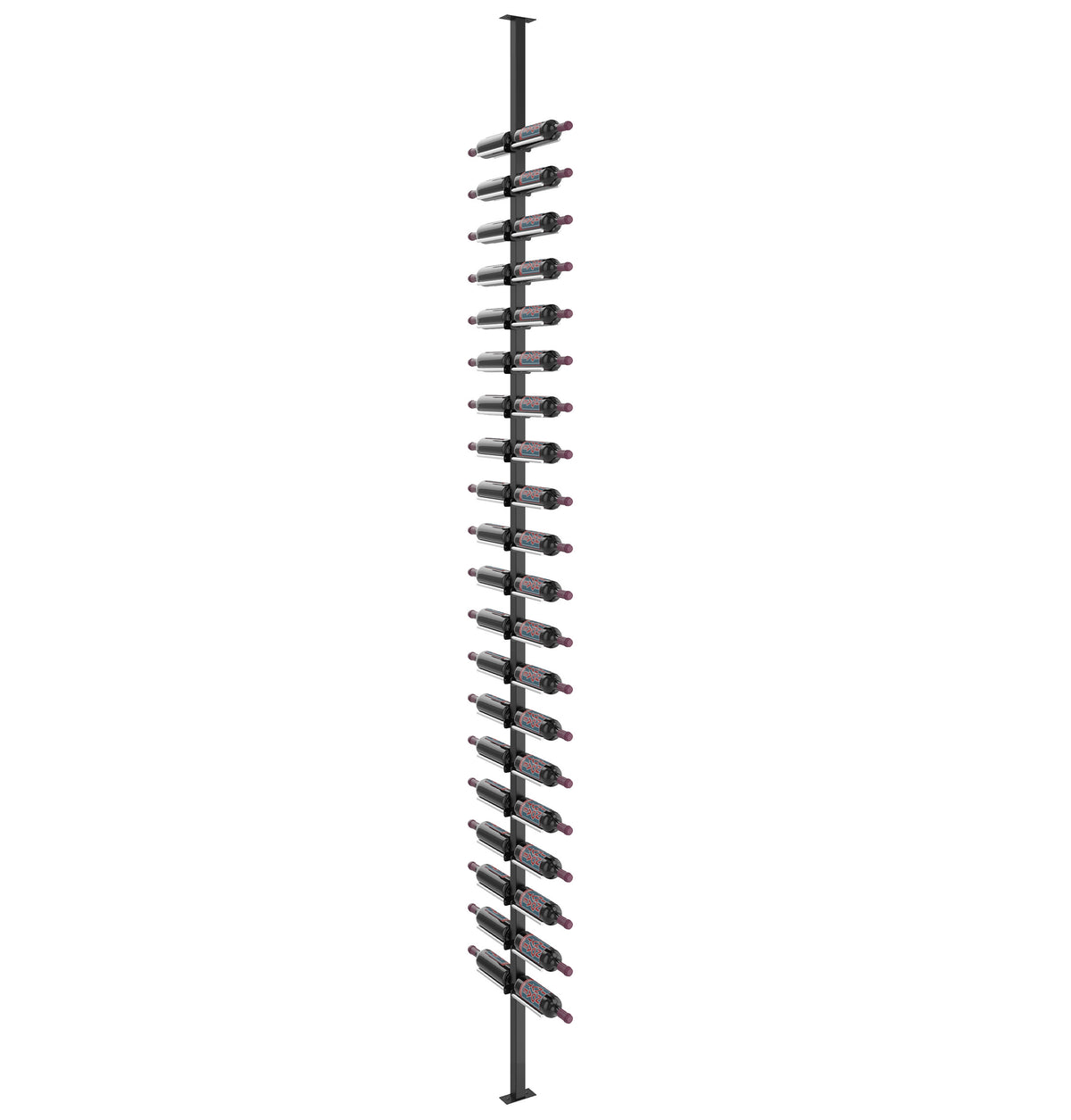 Double-sided standing wine bottle rack with dark post and two-sided holders for many bottles