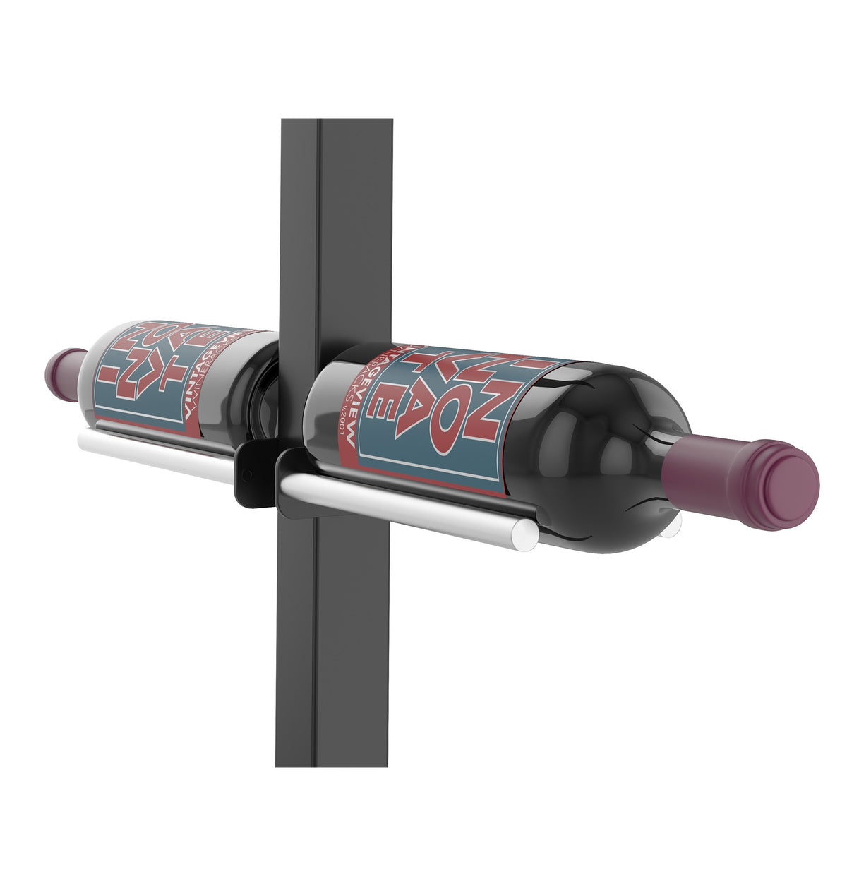 Double-sided wine rack post kit with matte black rails holding two wine bottles on dark post