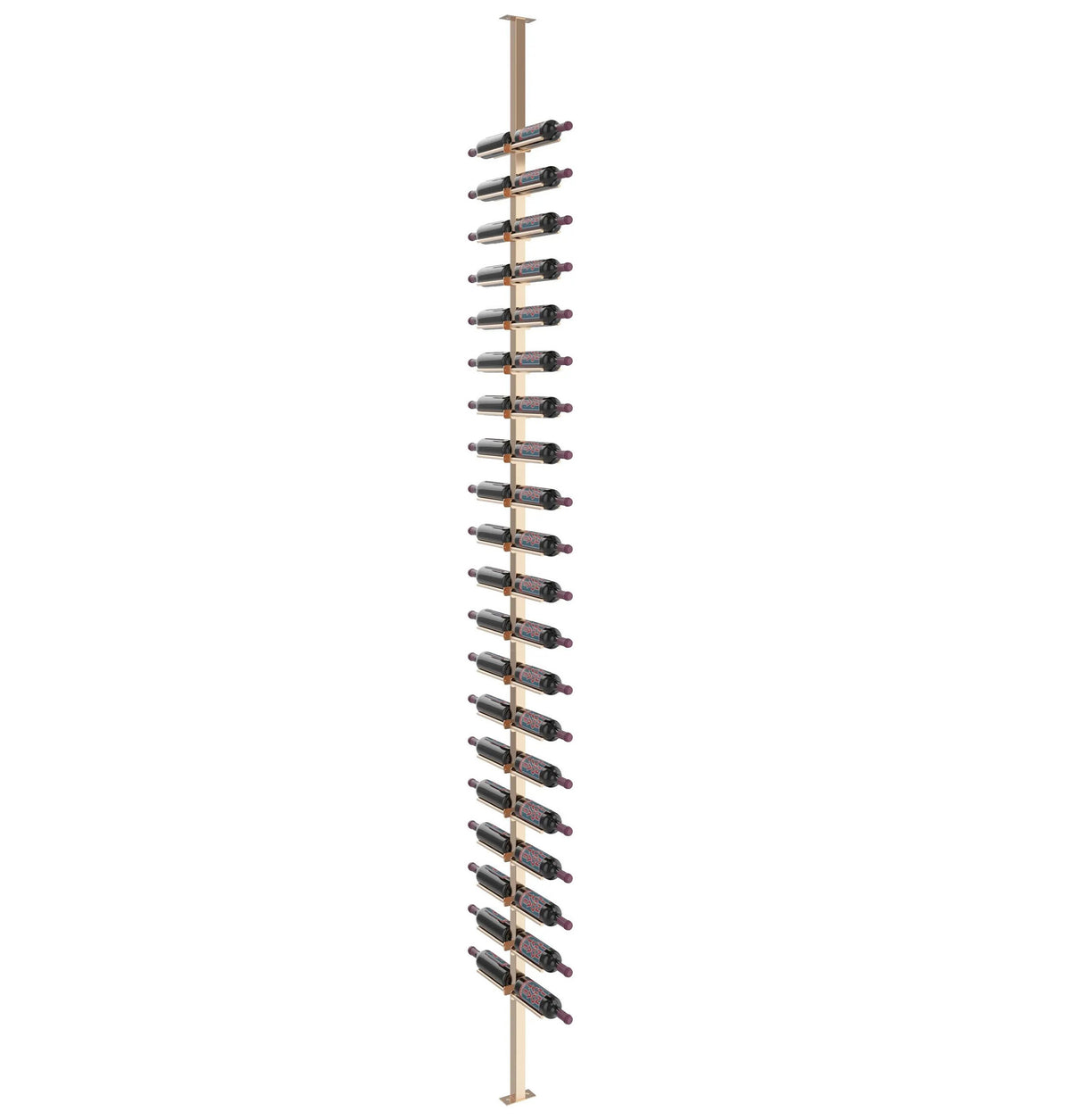 Gold-toned wine rail post with multiple bottle cradles for double-sided storage