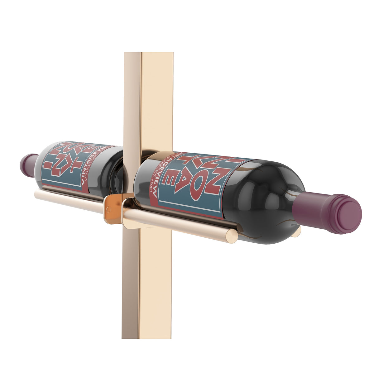 Double-sided bottle holder bar with black rails and orange bracket, purple-cork bottles