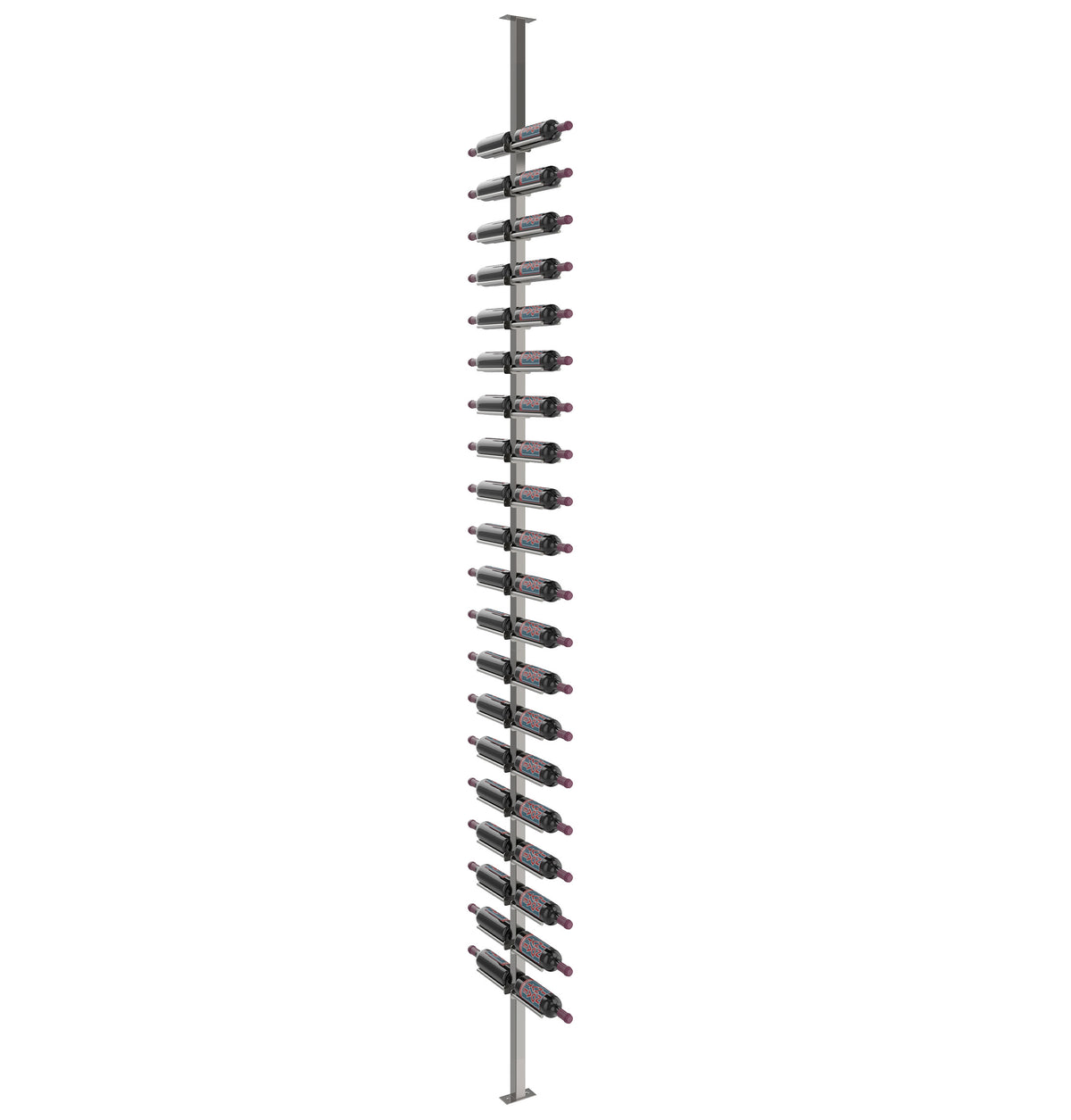 Double-sided wine bottle rack with dark gray post, rails, and bottle holders