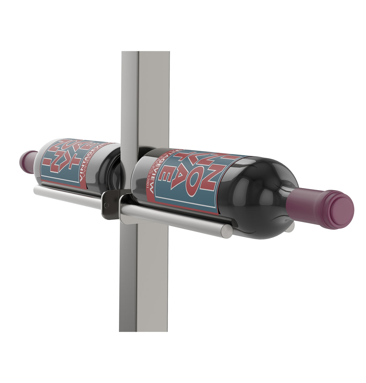 Double-sided bottle holder bar with black rails and bronze bracket, purple-cork bottles