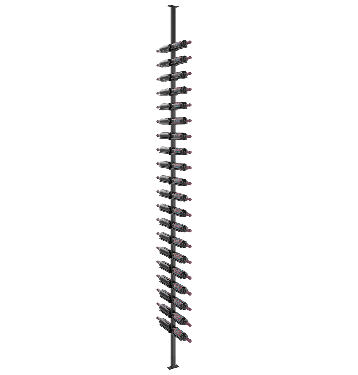 Matte black wine rail post with multiple bottle cradles for double-sided storage